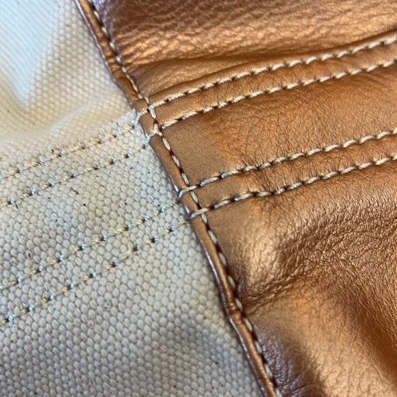 Lands’ End Large, Open-Top, Long-Handle Rose-Gold Faux Leather & Canvas Tote Bag - Picture 5 of 7